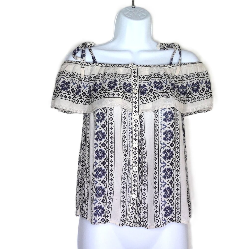 Lucky Brand Floral Top Off Shoulder Scoop Boho Peasant Blue & Cream Flaw Sz S